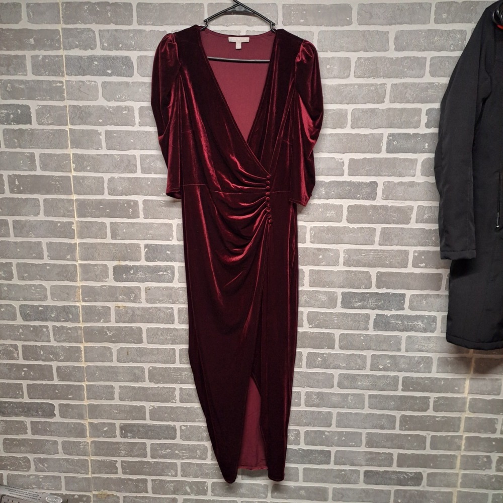 Chelsea .28 Womens Faux Wrap Velvet Midi Dress‎ Holiday Burgandy Size Large